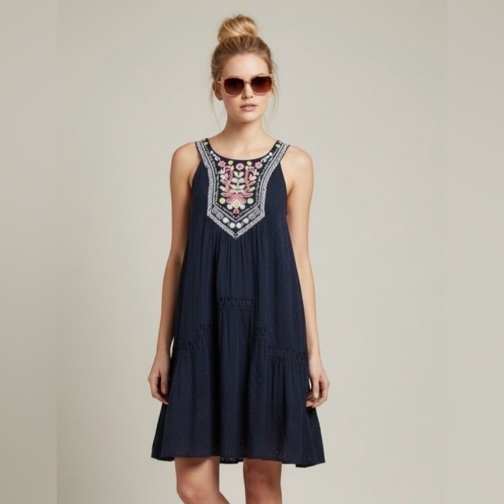 Maeve Anthropologie Tisa‎ Swing Dress Embroidered Mini Dress Navy Blue Size 2